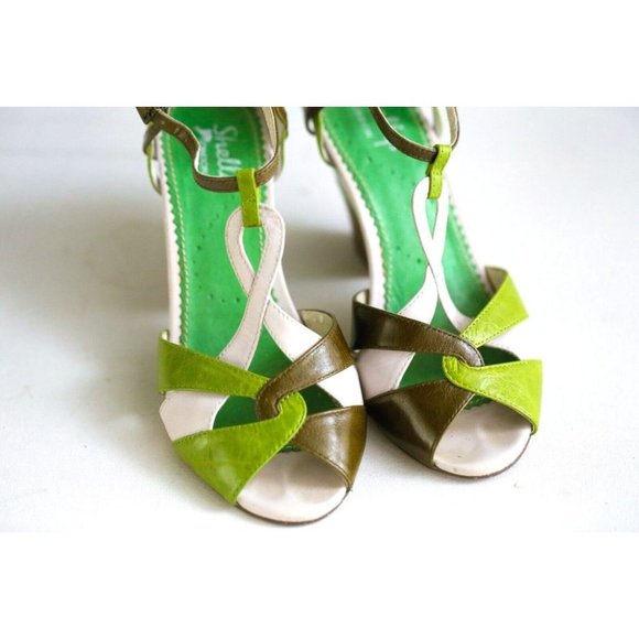 Shellys London Cute Retro Style Strappy Green White Block Heels 38 - Picture 8 of 9
